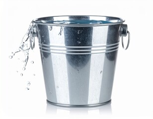 Iron Bucket Filled with Water Isolated on White Background
