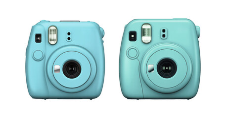Two light blue instant film cameras side by side on transparent background for photography lovers and creative designs