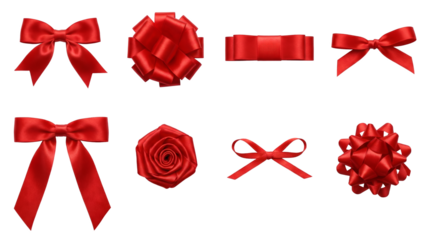 Red satin ribbon set including decorative bows, pompom styles, and rose flower shape isolated. Gift wrapping and festive celebration collection.