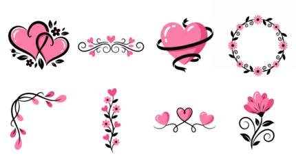 Pink heart and floral set including flourish, border, wreath, and ribbon elements isolated. Romantic decorative ornaments for wedding and valentines day.