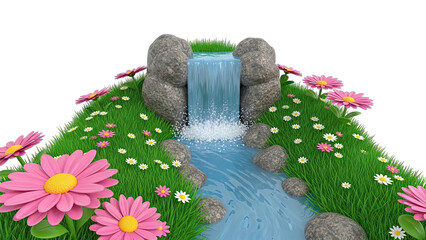 Enchanting Waterfall surrounded by vibrant daisies and lush green grass