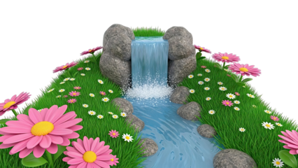 Enchanting Waterfall surrounded by vibrant daisies and lush green grass