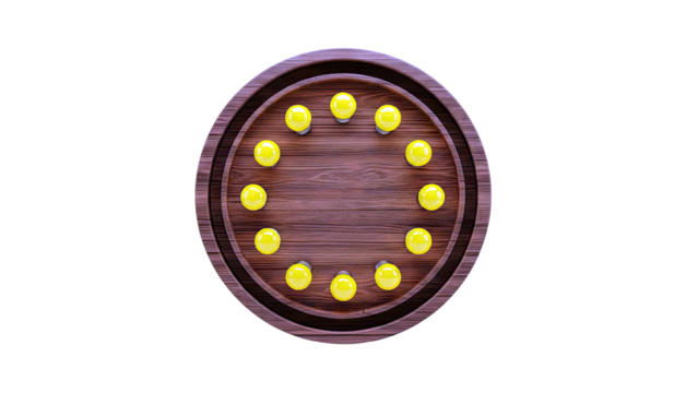 Round wooden board with yellow light bulbs arranged in a circle - Powered by Adobe