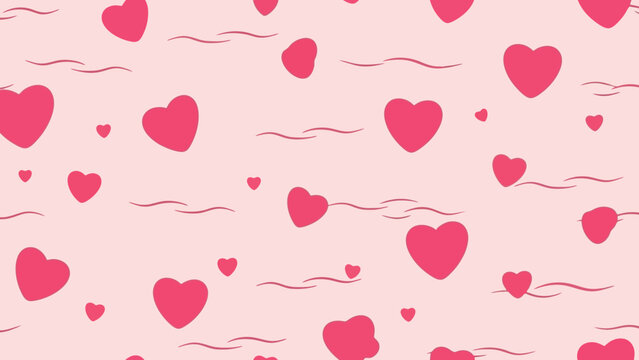 Seamless pattern with pink hearts and wavy lines background