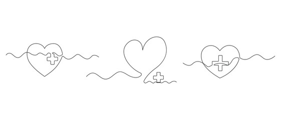 Continuous one line heart with medical cross for healthcare concept

