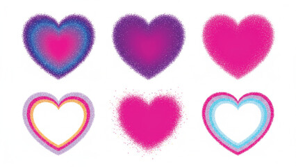 A collection of six stylized heart shapes featuring various pink and purple glitter textures, gradients, and outline designs, presented against a pure white background.