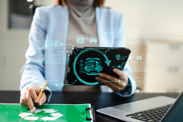 Woman using futuristic interface with smart tech and mobile to manage ESG, clean energy, and sustainability data.