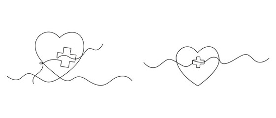 Continuous one line heart with medical cross for healthcare concept
