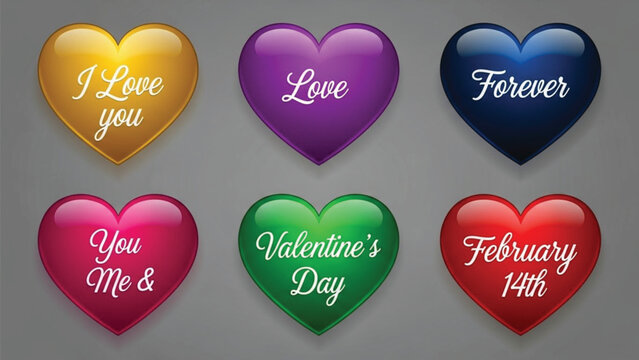 A collection of six glossy, three-dimensional hearts in various vibrant colors (yellow, purple, dark blue, pink, green, and red), each inscribed with a romantic message related to Valentine's Day.