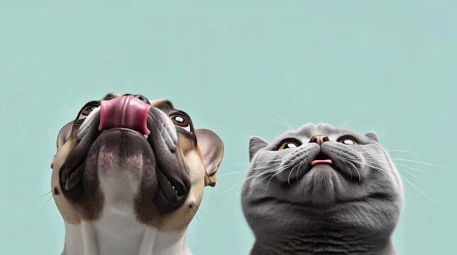 A french bulldog and a gray cat looking up at something with a light blue background