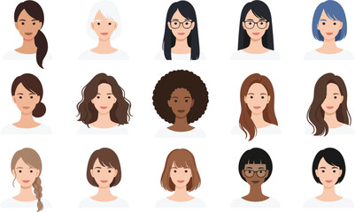 Diverse Women Avatar Collection with Various Hairstyles, Skin Tones, and Ethnicities for User Profiles.
