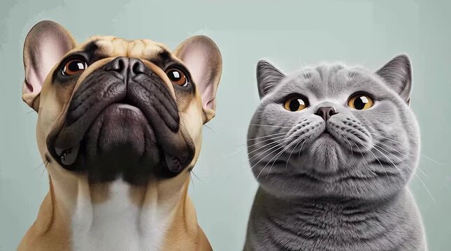 A closeup of a french bulldog and a gray cat looking up at something with a light blue background