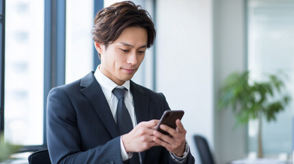 Japanese businessman checking smartphone in modern office