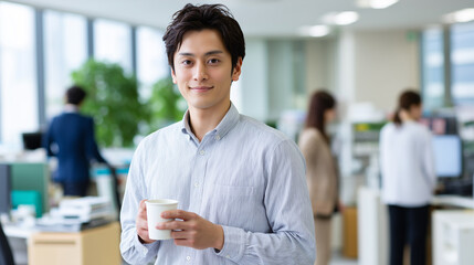 Japanese businessman holding coffee in office environment