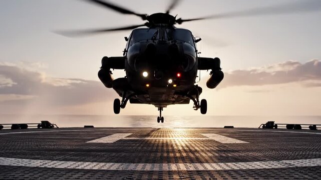 Helicopter landing on a ship deck during sunset with ocean waves