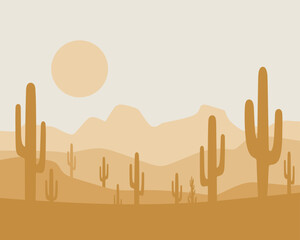 Desert landscape with saguaro cactus silhouettes at sunset in neutral color palette scenic nature background illustration for travel and tourism website design or minimalist art print southwestern sty