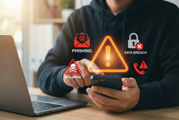 Scam alerts and cybersecurity warnings shown on a smartphone while man checks messages at home. digital fraud, phishing attacks, data breaches, cyber attack, AI threat and mobile malware threats