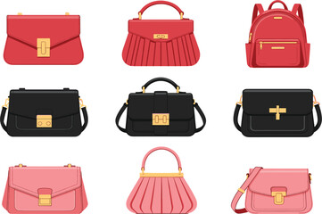 Fashionable Women's Handbag and Backpack Collection in Red, Black, and Pink with Gold Hardware.