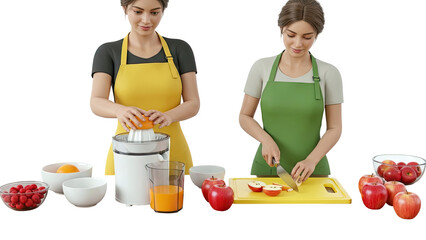 Women Juicing Oranges and Cutting Apples