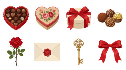 Valentine's Day gift set including heart chocolate boxes, truffles, red rose, envelope, key, and ribbon isolated. Romantic celebration and anniversary collection.