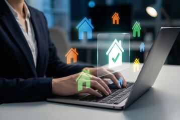 Smart property selection interface, user choosing house on laptop using digital platform, showcasing real estate listing decision process, home investment strategy, and housing search in online market