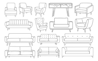A stylish furniture outline set featuring sofas, chairs, couches, armchairs, and interior seating designs created for home decor projects, interior design, and modern lifestyle graphics.