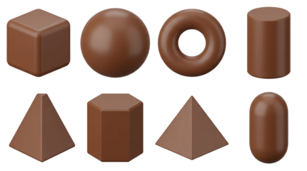 Brown 3D geometric primitives set including cube, sphere, torus, cylinder, prism, and pyramid shapes. Matte plastic educational and design elements.