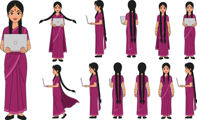 Indian Woman in Traditional Pink Saree Character Set with Laptop for Professional Work Concept.