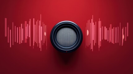 Audio Sound Waves: A modern graphic concept shows the essence of audio using a central circular speaker accompanied by an audio waveform that visualizes sound, set against a rich, scarlet backdrop.