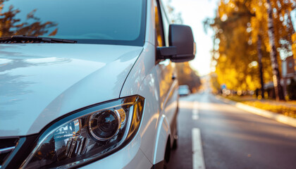 White van autumn road eco friendly delivery transport street vehicle urban travel logistics foliage tree season yellow leaf sunset light reflection headlight windshield mirror side view road trip