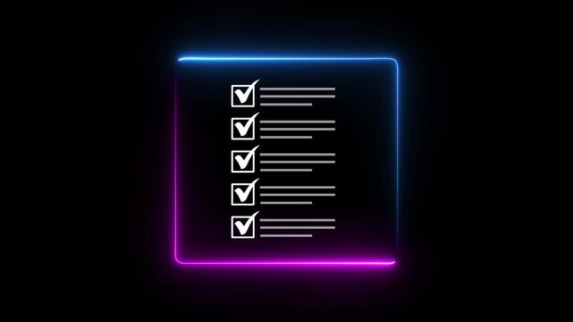Digital Checklist: Completing tick mark document animation on black background. Efficient Workflow, Productivity & Compliance Concept. 4k