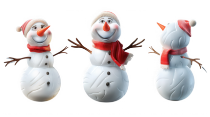 Three dimensional rendering of a happy smiling snowman character wearing a red knitted winter hat and a matching scarf showing front and side views on transparent background
