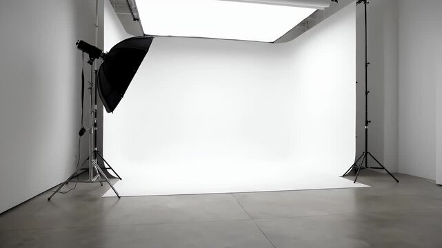 Photography Studio Setup with Camera on Tripod and Lighting Equipment Ready for Shoot