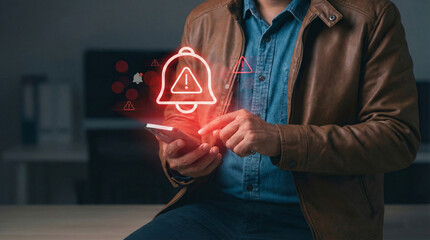 Corporate man handling emergency alert notification on mobile phone, concept of warning message, cyber threat monitoring, digital security breach, urgent system error, and risk management