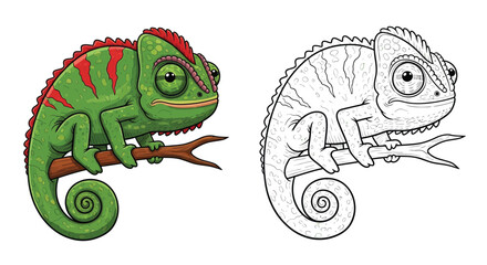 Chameleon Drawing and Color Illustration Comparison On Branch For Nature Art Reference