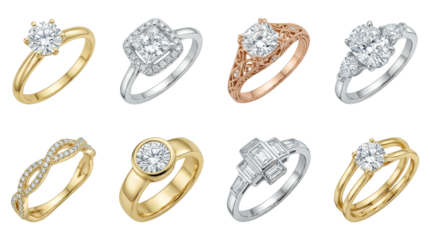 Diamond engagement ring set including solitaire, halo, vintage, trilogy, bezel, and art deco styles in gold and platinum. Jewelry collection for wedding and proposal.