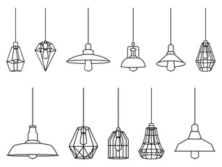 A stylish collection of hanging pendant lighting icons featuring modern ceiling lamps, industrial fixtures, and decorative interior light designs for home and decor projects.