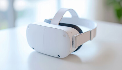 Virtual reality headset, wearable device, white gadget, modern design, mental focus, health support, technology concept virtual reality headset white table for immersive digital experience