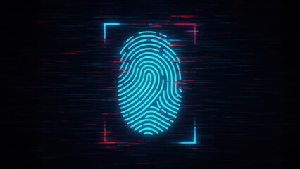 Digital fingerprint scan privacy rights neon cyber security pattern glow data protection identity access control technology border glitch