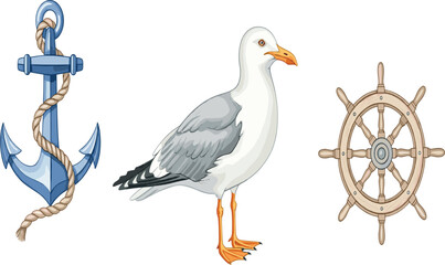 Nautical Illustration Set Featuring a Blue Anchor with Rope, a Realistic Seagull, and a Wooden Ship's Wheel.