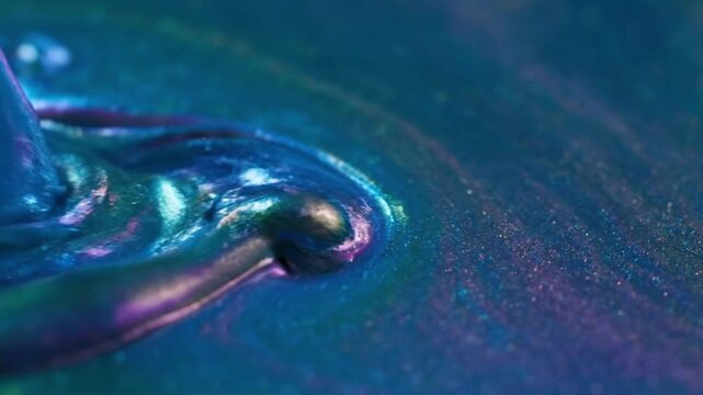 Mesmerizing macro photograph captures the swirling iridescent texture of deep blue and teal viscous liquid showcasing subtle glitter particulate creating an abstract dynamic background surface.