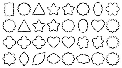 A creative collection of wavy badge shapes including hearts, stars, clouds, circles, and abstract labels for stickers, frames, decoration, branding, and graphic design projects.
