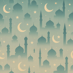 Seamless Ramadan pattern featuring mosque silhouettes, domes and minarets, crescent moon and stars, soft night sky colors, minimal flat illustration, modern Islamic background