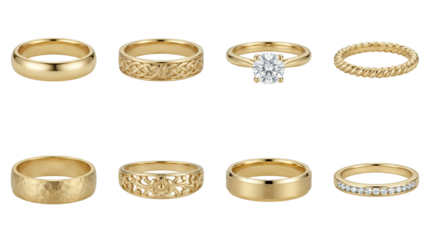 Gold ring set including classic band, celtic knot, solitaire diamond, twisted rope, hammered texture, floral filigree, and channel set styles. Wedding and engagement jewelry collection.