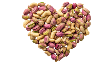 Healthy heart made of nuts cashew and pistachios on transparent isolated background