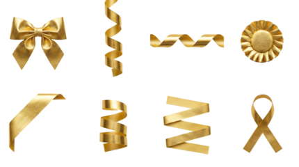Gold ribbon set including bow, spiral, wave, rosette, corner, and loop variants isolated. Luxury gift wrap and festive celebration decorative elements.