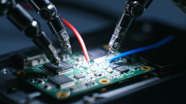 Robot assembling electronic circuit board with robotic arms, technology concept.