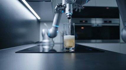 Robotic arm prepares food in modern kitchen using advanced technology and automation.