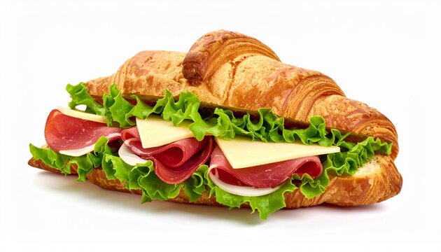 Delicious Croissant Sandwich with Ham, Cheese, and Fresh Lettuce on White Background.