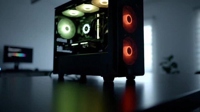 Gaming PC with RGB fans on a desk. Desktop computer technology concept.